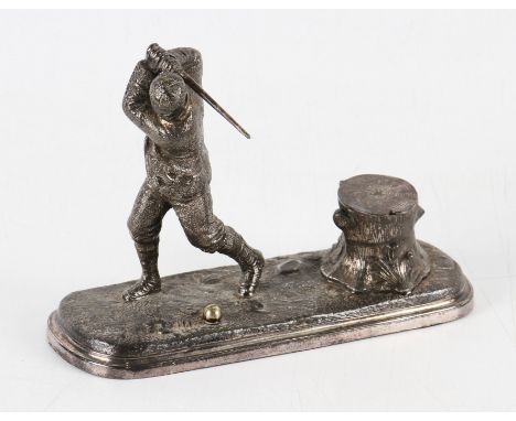 Original Vic. Golfers Desk Inkwell - featuring a Vic golfer at the top of his swing together with tree stump inkwell (no glas