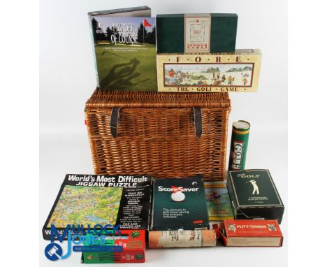 Wicket Hamper full of Golf Games, to include old and modern items - a jigsaw, The Golf Game board game, Tee Off The Golfer's 