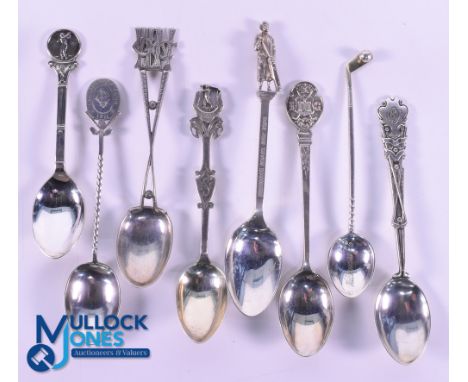 Interesting Collection of Various English Golf Club Silver Teaspoons (9) to incl Wildernesse Golf Club engraved bowl c/w golf