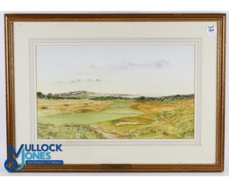 Bill Waugh - Muirfield Golf Links original watercolour with golfers in the distance playing to the green - image 12.25" x 20.