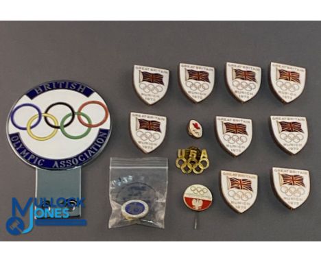 1972 Great Britian Olympic Team Enamel Badges: a British Olympic Association car badge, a selection of other Olympic badges i