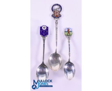 3x Various Silver and Enamel Golfing Teaspoons from 1918 onwards - Hanger Hill Golf Club with enamel finial comprising the cl