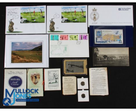 Golf Themed Stamps Cards - Irish First Day Cover, Bank of Scotland Banknote, a selection of period golf rule books, greeting 