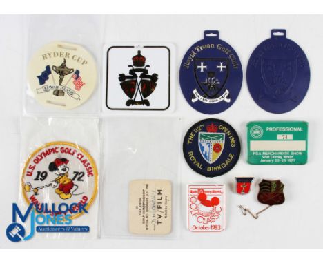 Golf Badges, Patches, Ticket - a good selection of badges for PGA merchandise 1977, 1985 TV film admittance ticket 114th Open