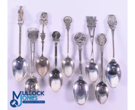 Interesting Collection of Various English Golf Club Silver Teaspoons (9) to incl 'VGC 1932' engraved shield finial and fine e