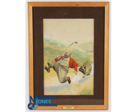 Crombie, Charles (b.1885-d.1967) - original golfing comic watercolour titled "Ecdemiomania' with golfer being chased by bulld