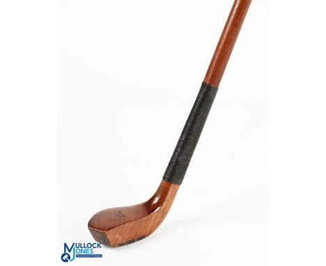 Small brown stained scare necked fitted head Sunday Golf Walking Stick with clear sole insert and back lead weight, with late