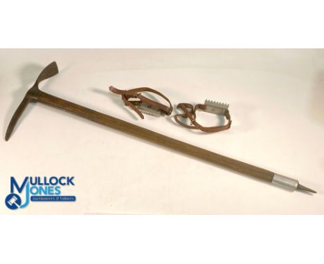 Vintage Climbers Ice Axe with hickory handle, strapped head, aluminium spike fitting, plus a pair of used Zeno ice spikes wit