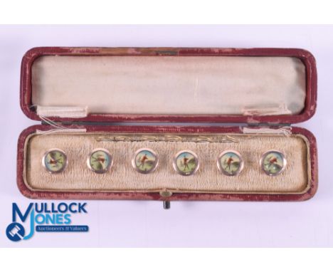 Scarce set of Six Gentleman's Golfing Dress Shirt Studs in the original case c1900 -1/2" dia., brass casing with hand painted