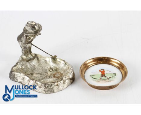 1930s Meridan Silver Plate Co style golfer's ashtray - featuring a golfer pondering over his next shoot out of a bunker surro