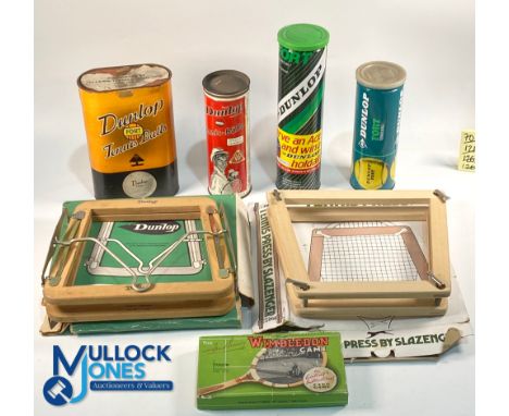 Vintage Dunlop Tennis Ball Tins Boxes Tennis Racket Press, a German Dunlop tennis ball tin, Dunlop Fort card box, 2 Dunlop Fo