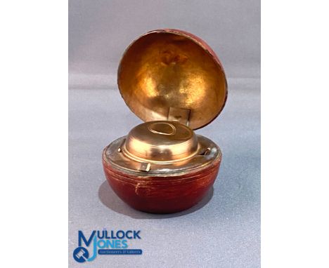 Unusual c1900 Vintage Cricket Ball Shaped Novelty Inkwell, a leather cased cricket ball with glass inkwell