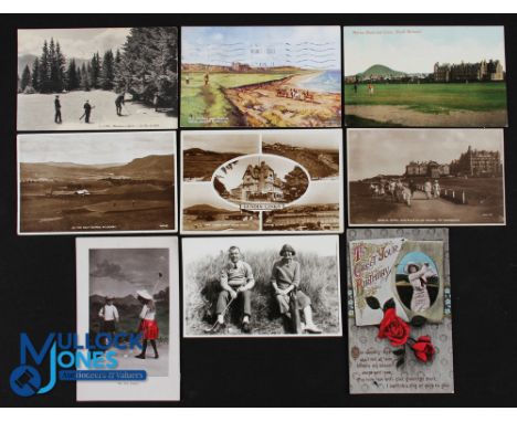 9 period Golf Postcards: a collection to include real photocards of Pitlochry, Lundin Links, Grand Hotels St Andrews (has a c