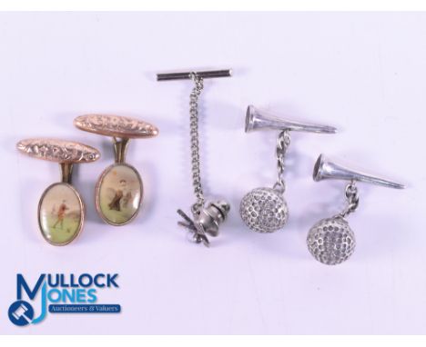 Collection of Gentleman's Golfing Cufflinks and tie pin (3) to incl an early 20thc pair of hand painted enamel golfing cuffli