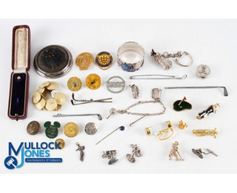 Assorted Golfing Buttons and Jewellery - including hallmarked cast silver golf bag key chain, 925 stamped bag charm, 925 char