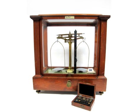 Early XX Century L. Oertling Ltd. Chemical Balance Beam Scales, in a glazed mahogany case, bears makers' label and number 273
