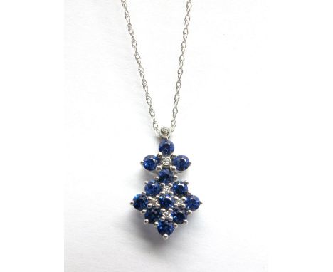 A 9ct White Gold Sapphire and Diamond Set Pendant, of shaped design, claw set throughout, on a fine chain. *Ernst Jones Insur
