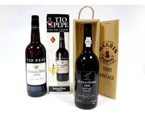Port - Quarles Harris Vintage Port 1980, 75cl, 20% Vol., boxed; Tio Pepe Gonzalez Byass Jerez Sherry, 1 litre, 15% Vol., boxe