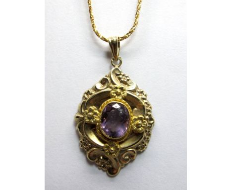 A Singe Stone Pendant, of Edwardian style, oval collet set to the centre, indistinctly stamped "375"; on fancy link chain, st