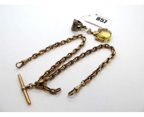 A Double Albert Chain, indistinctly stamped "9", to double swivel style clasps, suspending T-bar; Together with A Swivel Fob 