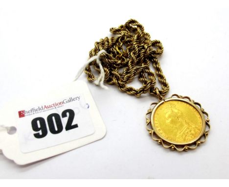 Victoria Sovereign, 1890, loose set within openwork pendant mount, on a 9ct gold ropetwist chain. 