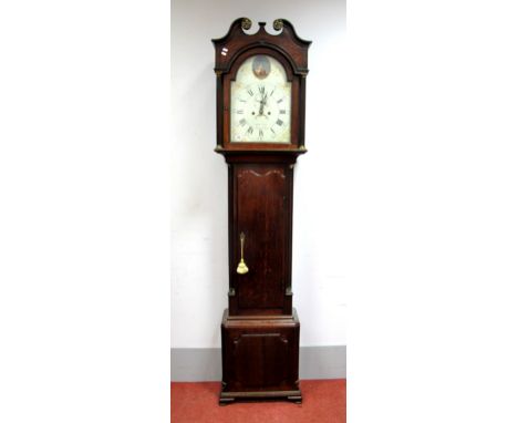 An XVIII Century Oak Eight-Day Longcase Clock, the arched dial with Roman numerals and two subsidiary dials inscribed "Joseph