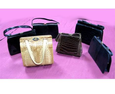 A Collection of Vintage Handbags, including 1940's brown alligator, black reptile skin, black patent leather etc. (6)
