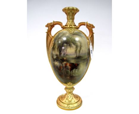 A Royal Worcester Porcelain Vase, of two handled ovoid footed form, the central panel painted by John Stinton, signed, with c