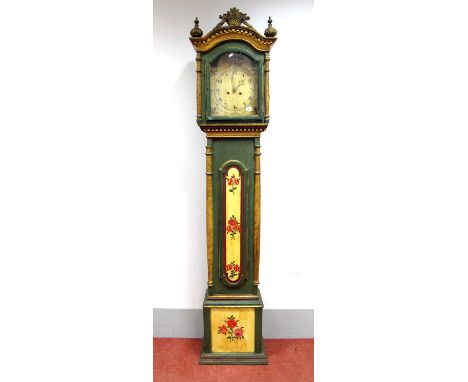 A XIX Century Portuguese Eight-Day Longcase Clock, the arched white enamel dial with floral decoration within glazed hood, th