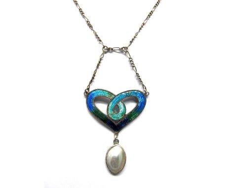 An Arts & Crafts Enamel and Pearl Set Openwork Pendant, of stylised heart design, highlighted in turquoise, blue and green en