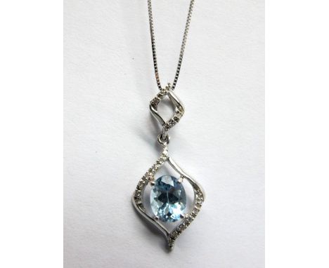 A 9ct White Gold Aquamarine Set Pendant, oval four claw set to the centre, on openwork bale, on 9ct white gold chain; togethe