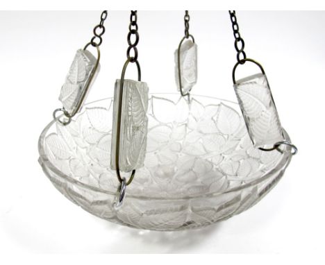 An Art Deco Lalique "Charmes" Clear and Frosted Glass Plafonnier, the chains with four hanging panels, all-over moulded folia