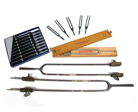 An Interesting Collection of Ragg of Sheffield Tuning Forks, including a Stroboscope cased, with Military arrow; five unusual