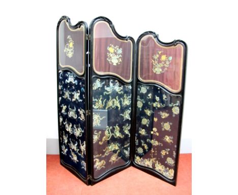 A XIX Century Chinese Ebonised Three-Fold Screen, the shaped top with 'C' scroll decoration to glazed silk panels applied wit