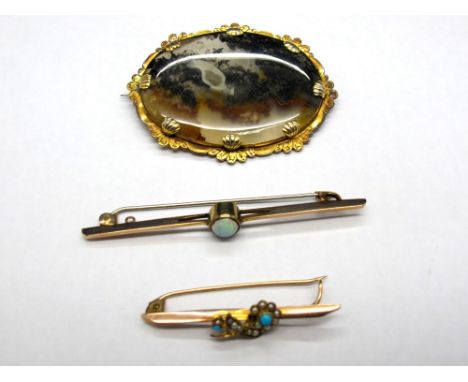 An Opal Single Stone Set Bar Brooch, circular cabochon collet set, stamped "9ct Gold"; An Oval Polished Hardstone Panel Brooc