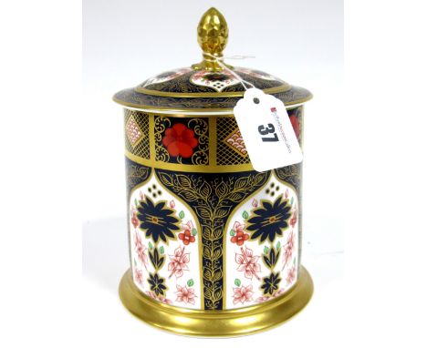 A Royal Crown Derby Porcelain Old Imari 1128 Tea Caddy, of cylindrical form with acorn finial, printed marks, date code for 2