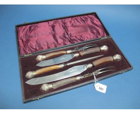 A XIX Century James Deakin & Sons Five Piece Carving Set, each horn handle with leaf capped finial, in original fitted case. 