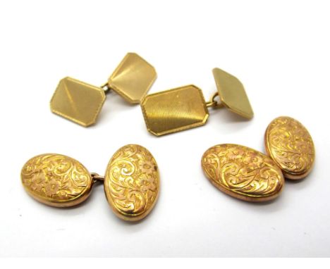 A Pair of 9ct Gold Gent's Cufflinks, each oval panel leaf scroll engraved, on chain connections; Together with Another Pair, 