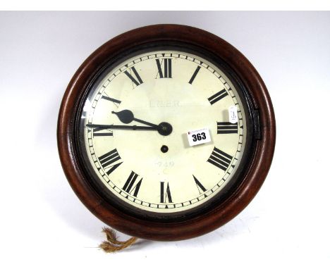 A Late XIX Century LNER 749 Stained Mahogany Wall Clock, the white enamel dial with Roman numerals and fusée movement, 33cm d