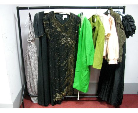 A Mid XX Century Two-Piece Suit, in green openweave fabric, a Baron Peters green check coat dress with emerald green jersey d