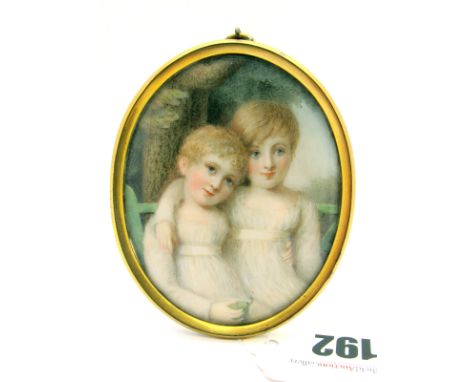 AFTER SAMUEL SHELLEY (1750-1808) Portrait miniature of two girls in white dresses, beside a tree, watercolour, gilt metal fra