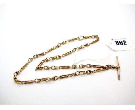 A Fancy Link Albert Chain, stamped "375", to double swivel clasps, suspending T-bar. 