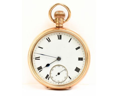 A 9ct yellow gold open face crown wind pocket watch, the white enamel dial set with Roman numerals and subsidiary seconds han