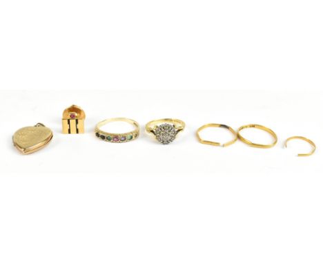 A small mixed group of jewellery comprising 18ct yellow gold and white stone cluster ring, approx 3.2g, a 9ct dress ring set 