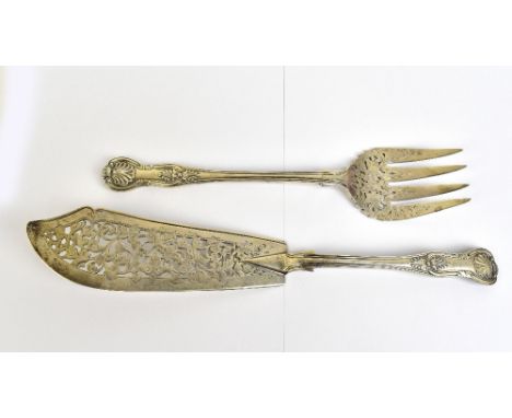 A pair of Victorian hallmarked silver King's pattern fish servers with pierced blades, London 1856, length of knife 32.7cm, a
