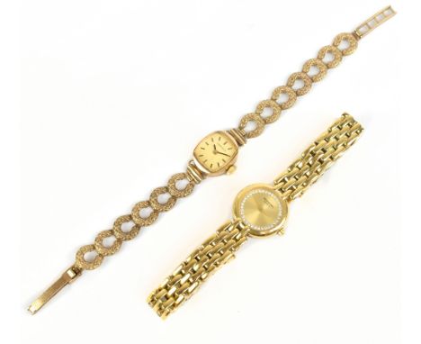 CARAVELLE; a lady's vintage 9ct yellow gold wristwatch with horse shoe shaped pierced bracelet, total approx 13g, and a gold 