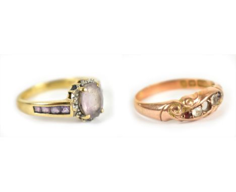 Two 9ct yellow gold dress rings, the first set with light purple coloured oval cut stone and further channel set purple stone