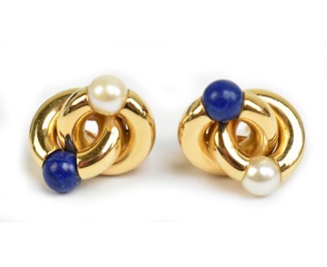 A pair of 18ct yellow gold lapis lazuli and pearl earrings, approx 6.8g.Additional InformationOverall seem in good condition 