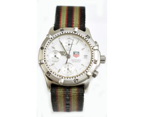 TAG HEUER; a gentleman's stainless steel wristwatch with white dial, three subsidiary dials and date aperture, with tachymete