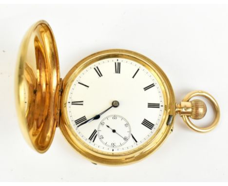 An Edwardian 18ct yellow gold crown wind full hunter pocket watch, the white enamel dial set with Roman numerals and subsidia